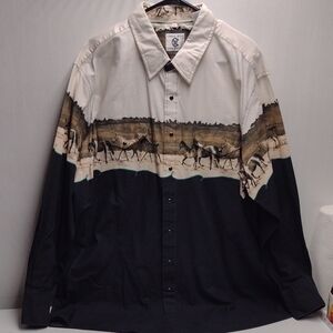 Corral West, Vintage,Black and Cream Casual Button Down Shirt with Sceni…